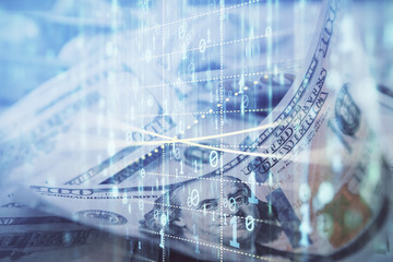Double exposure of data theme drawing over us dollars bill background. Technology concept.