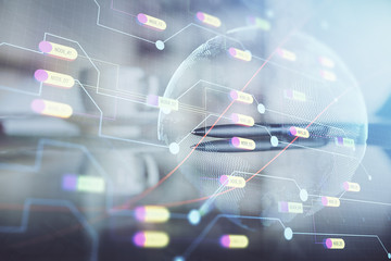 Double exposure of world map drawing over coffee cup background in office.