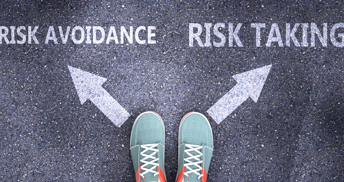 Risk avoidance and risk taking as different choices in life - pictured as words Risk avoidance, risk taking on a road to symbolize making decision and picking either one as an option, 3d illustration