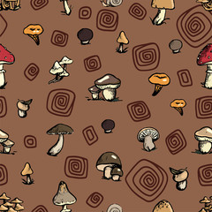 Autumn forest harvest, mushrooms doodles seamless pattern. Hand drawn vector wallpaper, sketch style. Abstract colored botanical ornament for design, background, print, wrapping, fabric, textile.