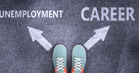 Unemployment and career as different choices in life - pictured as words Unemployment, career on a road to symbolize making decision and picking either one as an option, 3d illustration