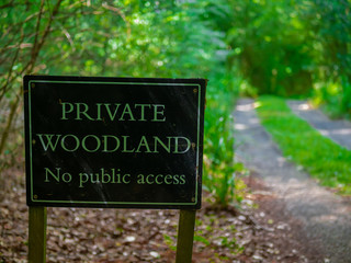 Private woodland sign in the woods 