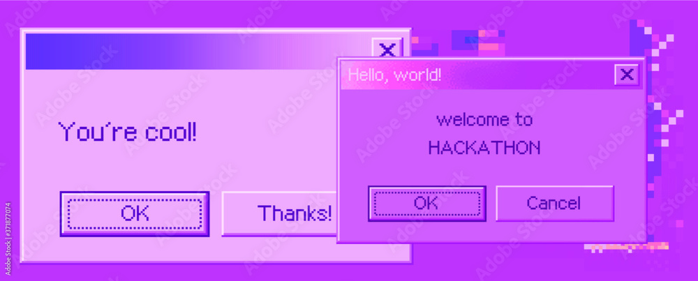Poster Retro user interface with message box and glitched pixels around it. Vaporwave and cyberpunk style illustration.