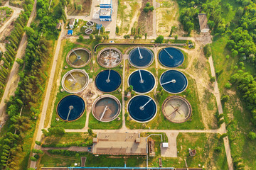 Wastewater treatment plant, filtration of dirty or sewage water, aerial top view.