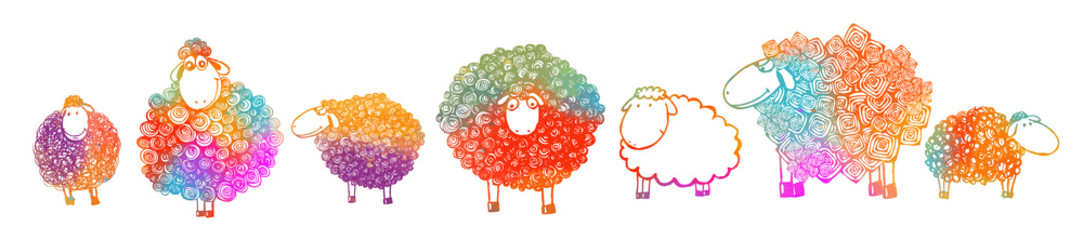 Set of multi-colored sheep. Mixed media. T-shirt print. Vector illustration