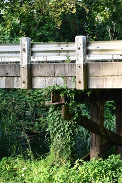 Wooden and concrete bridge covered in ivy.