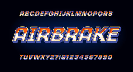 Airbrake Alphabet; A Racing or Motorsports Styled Font of Italic Capitals with Stripes and 3d Effects. Similar to Logo Treatments on Race Cars.