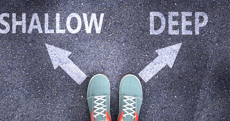 Shallow and deep as different choices in life - pictured as words Shallow, deep on a road to symbolize making decision and picking either Shallow or deep as an option, 3d illustration