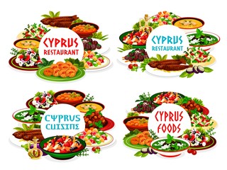 Cyprian cuisine vector meals avgolemno, salad with grapefruit and goat cheese, greek pickled vegetables. Peasant and baked eggplant salad with pilaf in larnakski style, Greek Cyprus dishes round frame