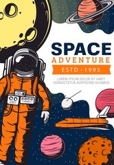 Space adventure, astronaut mission in outer space. Astronaut in weightlessness, Space Shuttle orbiter and satellite, Saturn, Jupiter and Mars Solar System planets. Galaxy exploration banner, poster