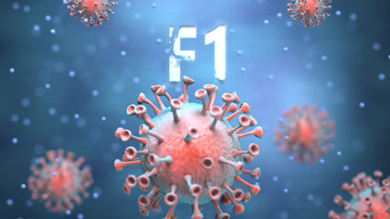 Obraz premium Covid and f1, pictured as red viruses attacking word f1 to symbolize turmoil, global world problems and the relation between corona virus and f1, 3d illustration
