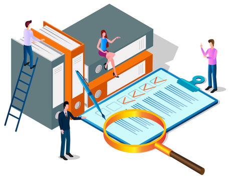 People are studying documents.Concept of office work.Teamwork office management.People sort out documents.Isometric vector illustration.