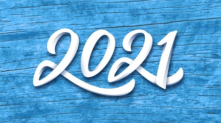 Happy New Year 2021. Paper 3D calligraphic number on blue wood background. Vector greeting card design template for winter holidays