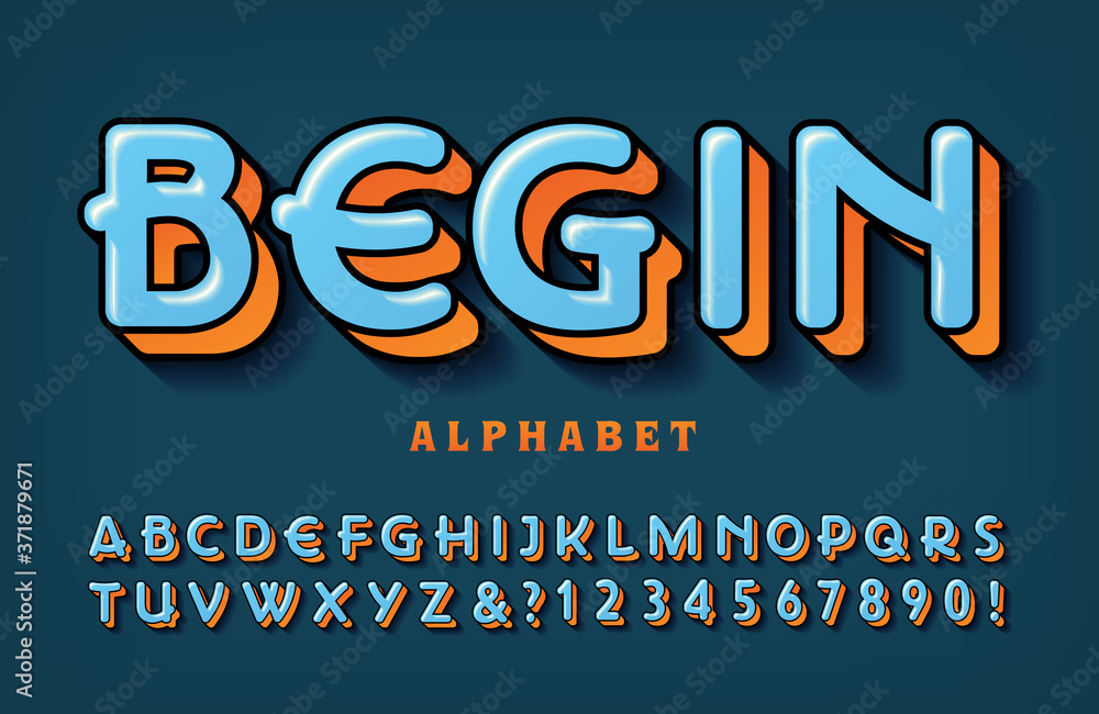 Poster begin: a unique rounded letter alphabet with blue and orange color harmony and soft highlights. brig
