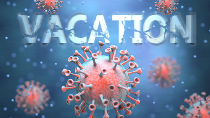 Covid and vacation, pictured as red viruses attacking word vacation to symbolize turmoil, global world problems and the relation between corona virus and vacation, 3d illustration
