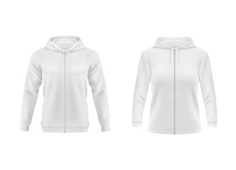 Hoodie, white sweatshirt vector mockup for men and women front view. Isolated hoody with long sleeves, zipper and drawstrings. Sport, casual or urban clothing, teenagers fashion, realistic 3d mock up