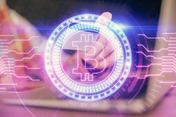 Double exposure of man hands holding a credit card and crypto business theme drawing. Digital blockchain and E-commerce concept.