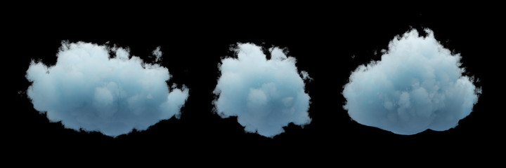 3d render. Collection of random shapes of abstract clouds. Cumulus different views, clip art isolated on black background