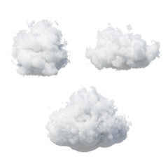 3d render. Abstract fluffy white clouds isolated on white background. Weather forecast symbol. Cumulus clip art collection. Sky design elements set - obrazy, fototapety, plakaty
