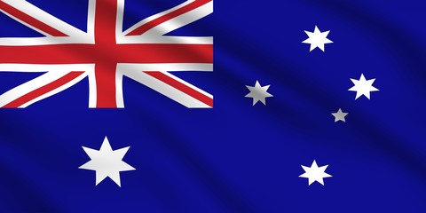 Australian flag, Australia country national identity, vector design with seven pointed white stars and red stripes on blue background. Foreign language, culture, realistic 3d waving Australian flag