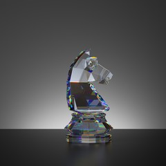 3d rendering, chess game, isolated crystal knight piece, glass object, abstract modern minimal design © NeoLeo
