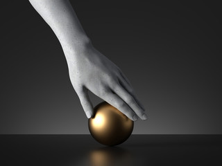 3d render, mannequin hand holding ball, gesture isolated on black background. Modern minimal fashion concept, simple clean design. Concrete sculpture. Human limb prosthesis