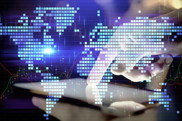 Double exposure of man's hands holding and using a phone and international business theme drawing.