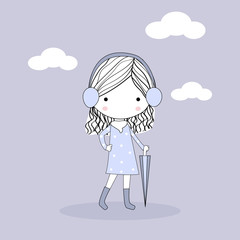 Illustration line art girl with umbrella