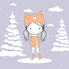 Line art illustration girl and snow