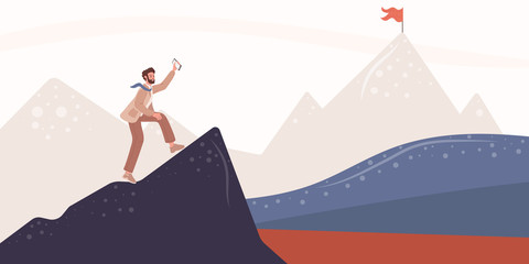 Young man traveller or explorer standing, businessman on top of mountain or cliff and looking on valley or goal, flag. Business or marketing concept. Flat vector illustration