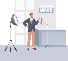 TV news studio with broadcaster. Vector illustration