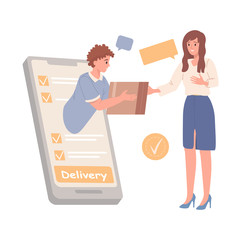 Delivery service concept. Order food or goods online by smart phone. Man gives box to customer. Vector illustration