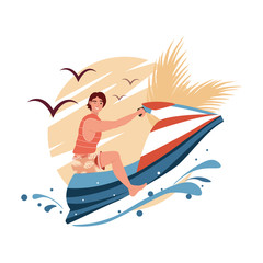 Young man ride hydro cycle in sea vector. Jetski landscape cover design. Summer holiday on water scooter ocean waves cartoon illustration. Character racing water scooter vector