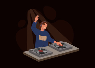 Young girl DJ isolated on dark background. Female playing music records on audio mixers or controller on a party. Vector illustration in flat cartoon style.