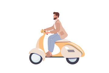 Fototapeta na wymiar Young hipster guy riding a retro scooter on a white background vector illustration