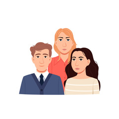 Obraz premium Group of young people isolated on white background. Flat young adults persons. Man woman portraits characters design. Students community. Cartoon male female team icon. Crowd sign vector illustration.