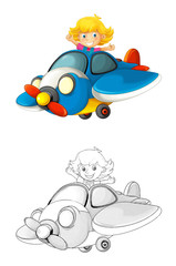 cartoon scene with sketch with kid in toy traditional plane with propeller flying - illustration