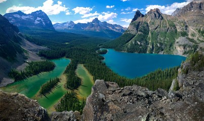 View of colorful glacial lakes from above. Canadian Rockies. Lake O'Hara.  Yoho National Park, British Columbia. Canada 