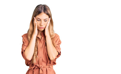 Beautiful caucasian woman with blonde hair wearing summer jumpsuit tired hands covering face, depression and sadness, upset and irritated for problem