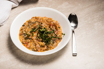 Bowl of Italian Bread Porridge with Basil In A White Bowl with Spoon