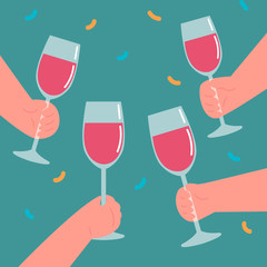 Wine in cartoon style.Celebrate design.People are clinking glasses of alcohol.Congratulatory background 