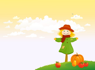 Autumn scarecrow and sunset sky background