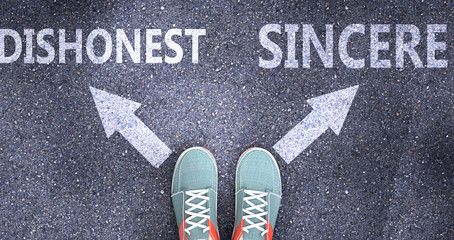 Dishonest and sincere as different choices in life - pictured as words Dishonest, sincere on a road to symbolize making decision and picking either Dishonest or sincere as an option, 3d illustration