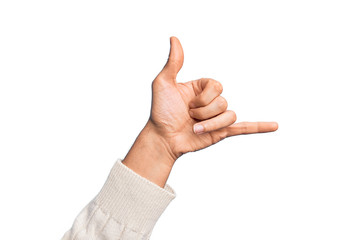 Hand of caucasian young man showing fingers over isolated white background gesturing Hawaiian shaka greeting gesture, telephone and communication symbol