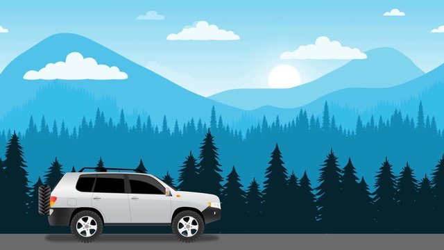 Summer holiday concept. Flat design animation - white car moving by mountain landscape with pine trees. Seamless loopable background.