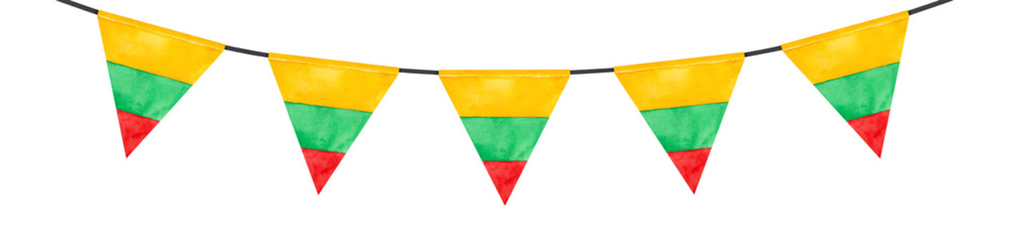 Watercolour drawing of tricolor bunting with triangular flag of Lithuania. Hand drawn water color graphic illustration, cutout clip art element for design, greeting card, banner, print, invitation.