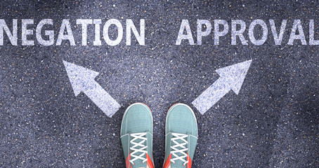 Negation and approval as different choices in life - pictured as words Negation, approval on a road to symbolize making decision and picking either Negation or approval as an option, 3d illustration