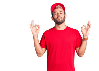 Young handsome blond man wearing t-shirt and cap relax and smiling with eyes closed doing meditation gesture with fingers. yoga concept.