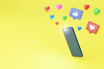 Mobile phone firing the flash on a yellow background. 3d illustration.