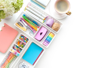 School supplies. Stylish stationery in pastel color. Flat lay, top view. White background.